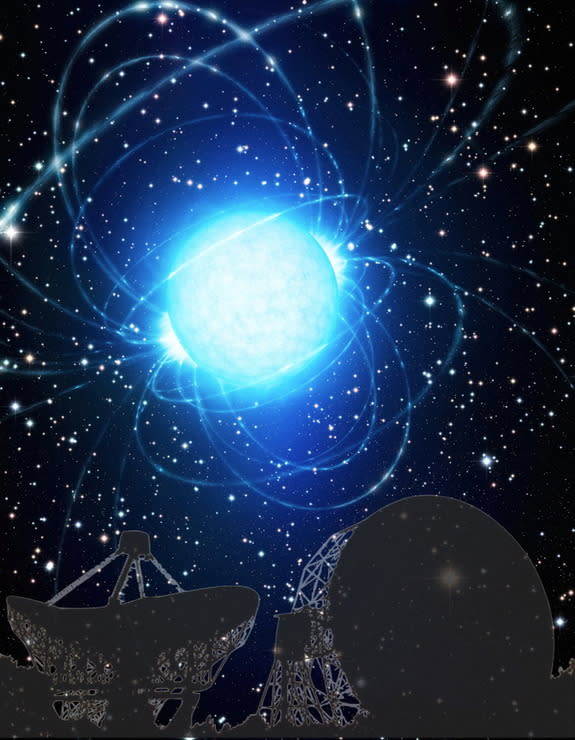 An artist's rendition of a pulsar, which radiates bright beams of light from its two magnetic poles. The pulsar doesn't necessarily rotate around those poles, so the beams of light sweep across the sky and sometimes appear to "pulse" on and off