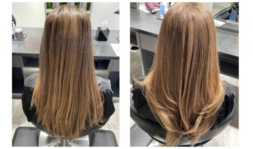 Before (left) my hair was dull and my ends were super dry. After (right) my hair looks more vibrant and softer.<br>Credit: Julia Webb for In The Know