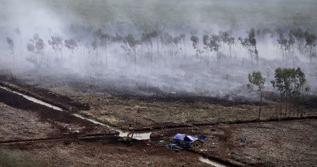 An aerial photo of a peatland fire in Simpang Tiga Village, Ogan Ilir, South Sumatra province August 30, 2015 in this photo taken by Antara Foto. REUTERS/Nova Wahyudi/Antara Foto