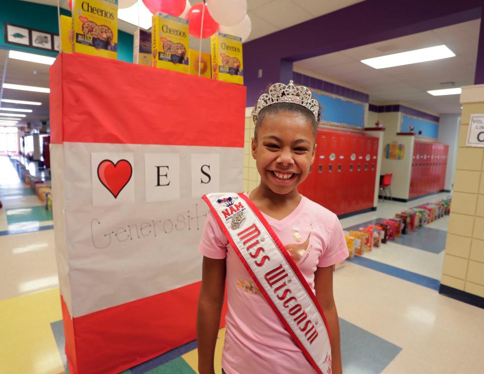 Fourth grade student Addy Humphrey, 9, came up with the idea to collect boxes of cereal for the Sheboygan County Food Bank at Oostburg Elementary School, Thursday, November 30, 2023, in Oostburg, Wis.