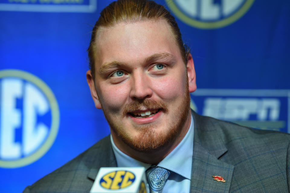 Jul 17, 2018; Atlanta, GA, USA; Arkansas Razorbacks offensive lineman Hjalte Froholdt responds to questions from media members during SEC football media day at the College Football Hall of Fame. Mandatory Credit: Dale Zanine-USA TODAY Sports