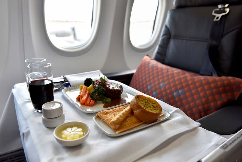 A view of the meal served to passengers in the Business Class during Singapore Airlines' media preview of their new Boeing 737-8 cabin products, at Changi Airport in Singapore