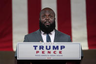 Deputy Assistant to the President Donald Trump Ja'Ron Smith tapes his speech for the fourth day of the Republican National Convention from the Andrew W. Mellon Auditorium in Washington, Thursday, Aug. 27, 2020. (AP Photo/Susan Walsh)