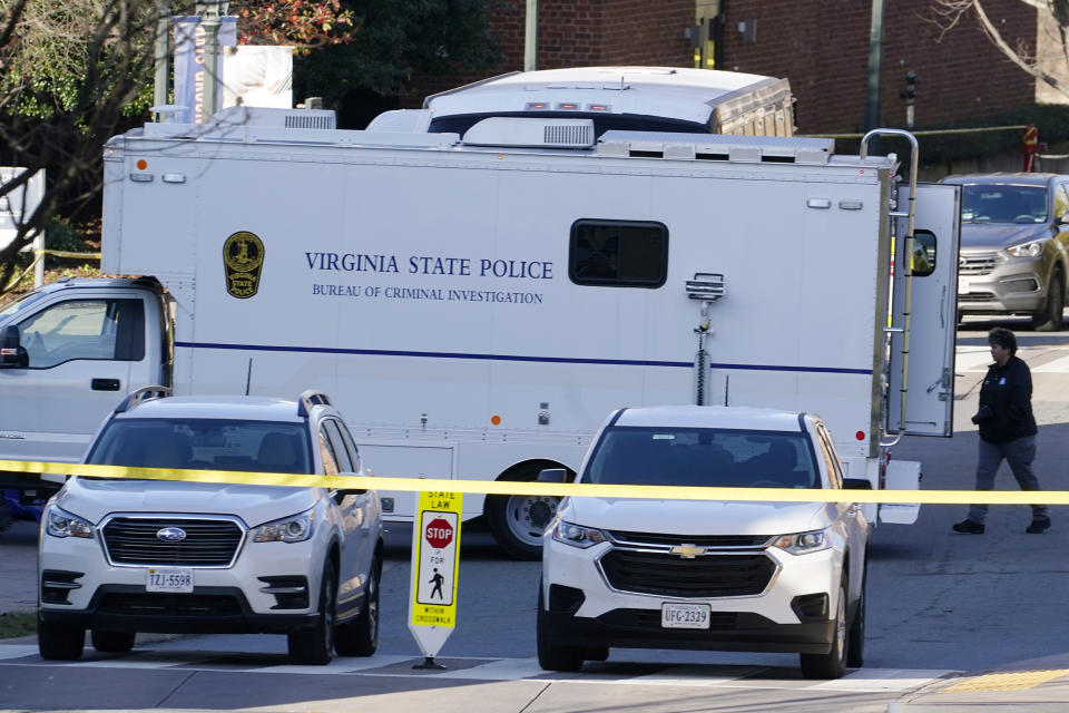 A Virginia State Police crime scene investigation truck on the scene of an overnight shooting at the University of Virginia, Monday, Nov. 14, 2022, in Charlottesville. Va.  (Steve Helber / AP)