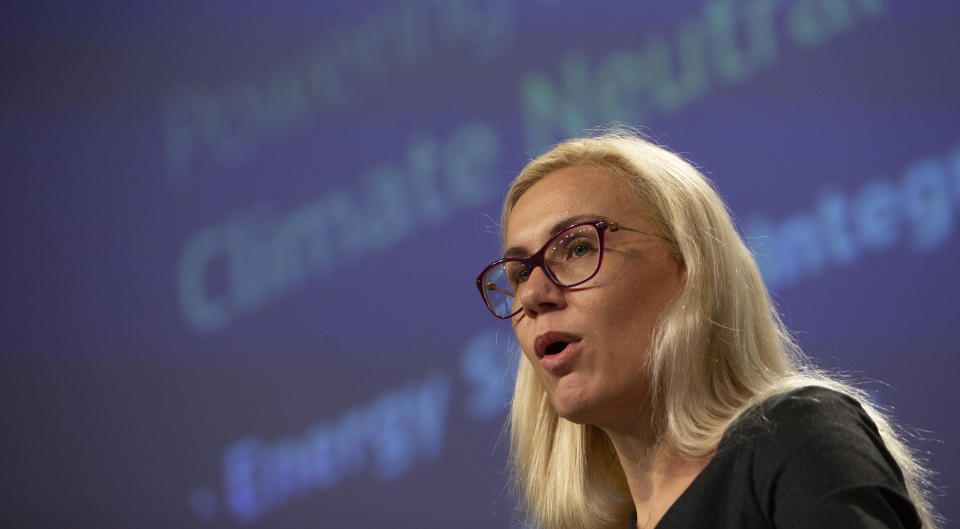 European Commissioner for Energy Kadri Simson speaks during a media conference at EU headquarters in Brussels, Wednesday, July 8, 2020. The EU wants to promote hydrogen produced from renewable electricity as part of its Green Deal plan to make the continent carbon neutral by 2050. (AP Photo/Virginia Mayo, Pool)