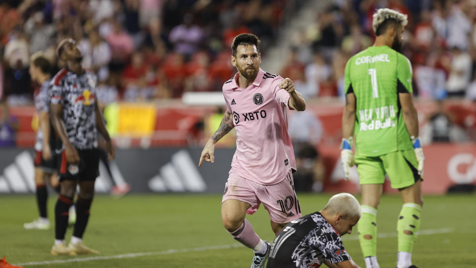 Inter Miami forward Lionel Messi (10) celebrates after his goal against the New York Red Bulls during an MLS soccer match at Red Bull Arena, Saturday, Aug. 26, 2023, in Harrison, N.J. (AP Photo/Eduardo Munoz Alvarez)