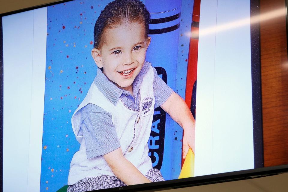 An undated baby photo of Marjory Stoneman Douglas High School shooter Nikolas Cruz is shown in the courtroom during the penalty phase of his trial at the Broward County Courthouse in Fort Lauderdale on Tuesday, August 23, 2022. Cruz previously plead guilty to all 17 counts of premeditated murder and 17 counts of attempted murder in the 2018 shootings.