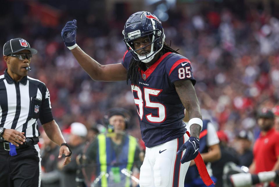 Houston Texans wide receiver Noah Brown reacts after making a reception during the fourth quarter against the Tampa Bay Buccaneers at NRG Stadium.
