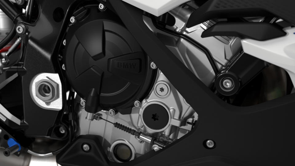 A close-up of the engine on the 2023 BMW S 1000 RR.