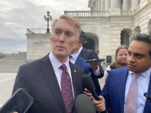 Oklahoma Republican Sen. James Lankford speaks with reporters outside the U.S. Capitol