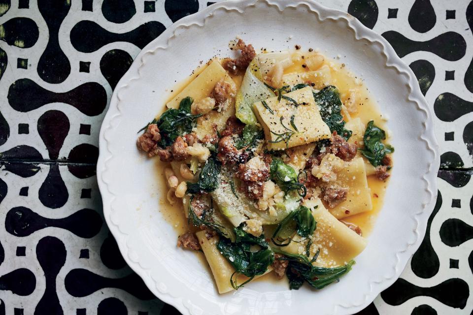 <h1 class="title">Sausage, Greens, and Beans Pasta</h1><cite class="credit">Photo by Michael Graydon & Nikole Herriott</cite>