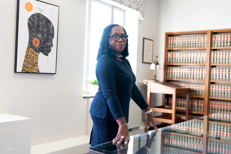 Judge Ketanji Brown Jackson, a U.S. Circuit Judge on the U.S. Court of Appeals for the District of Columbia Circuit, poses for a portrait, Friday, Feb., 18, 2022, in her office at the court in Washington.