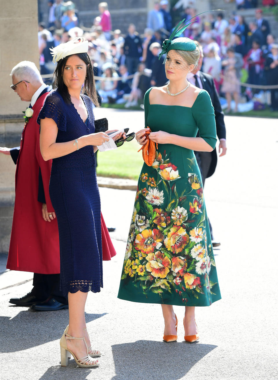 WINDSOR, UNITED KINGDOM - MAY 19:  Lady Kitty Spencer (right) arrives at St George's Chapel at Windsor Castle before the wedding of Prince Harry to Meghan Markle on May 19, 2018 in Windsor, England. (Photo by Ian West - WPA Pool/Getty Images)