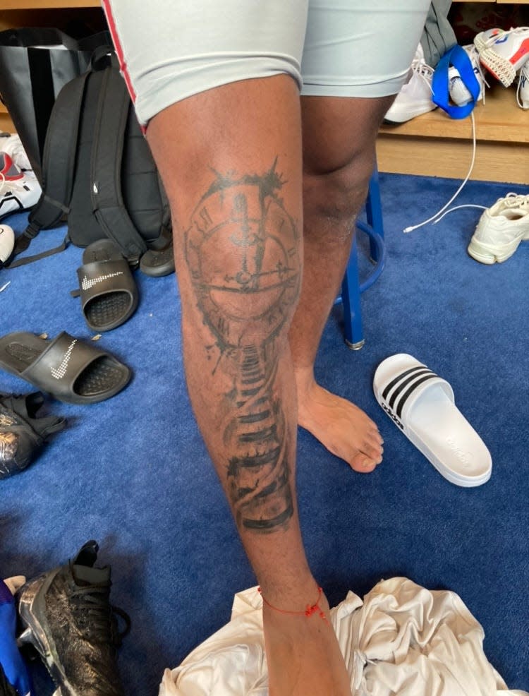 NY Giants wide receiver Wan'Dale Robinson reveals the tattoo he got to cover up the scar from ACL surgery on his right knee. He shared the meaning behind it on this week's "All In with Art Stapleton" podcast.