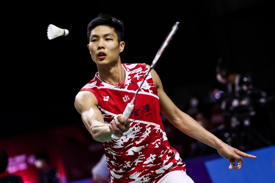 BANGKOK, THAILAND - JANUARY 20: Chou Tien Chen of Chinese Taipei competes in the Men's Singles first round match against Suppanyu Avihingsanon of Thailand on day two of the Toyota Thailand Open on January 20, 2021 in Bangkok, Thailand. (Photo by Shi Tang/Getty Images)