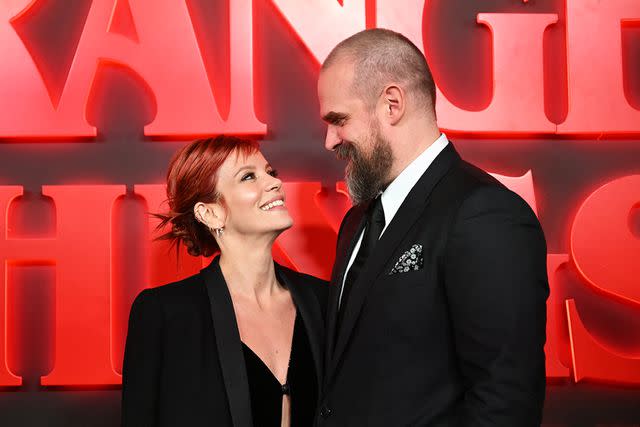 <p>JUSTIN TALLIS/AFP via Getty</p> Lily Allen and David Harbour on Dec. 14, 2023