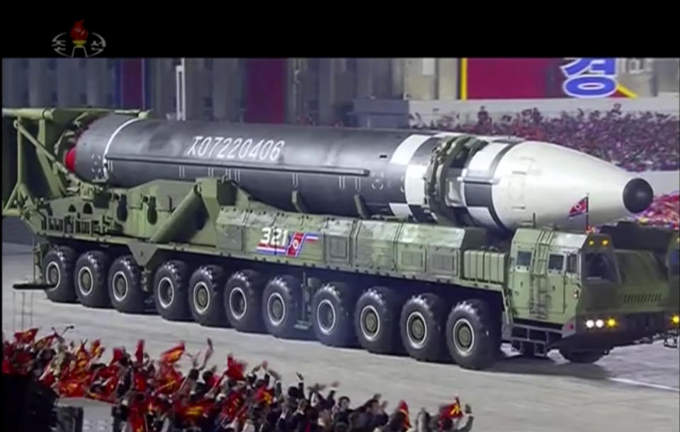 This image made from video broadcasted by North Korea's KRT, shows a military parade with what appears to be possible new intercontinental ballistic missile at the Kim Il Sung Square in Pyongyang, Saturday, Oct. 10, 2020. North Korean leader Kim Jong Un warned Saturday that his country would “fully mobilize” its nuclear force if threatened as he took center stage at a massive military parade to mark the 75th anniversary of the country’s ruling party. (KRT via AP)