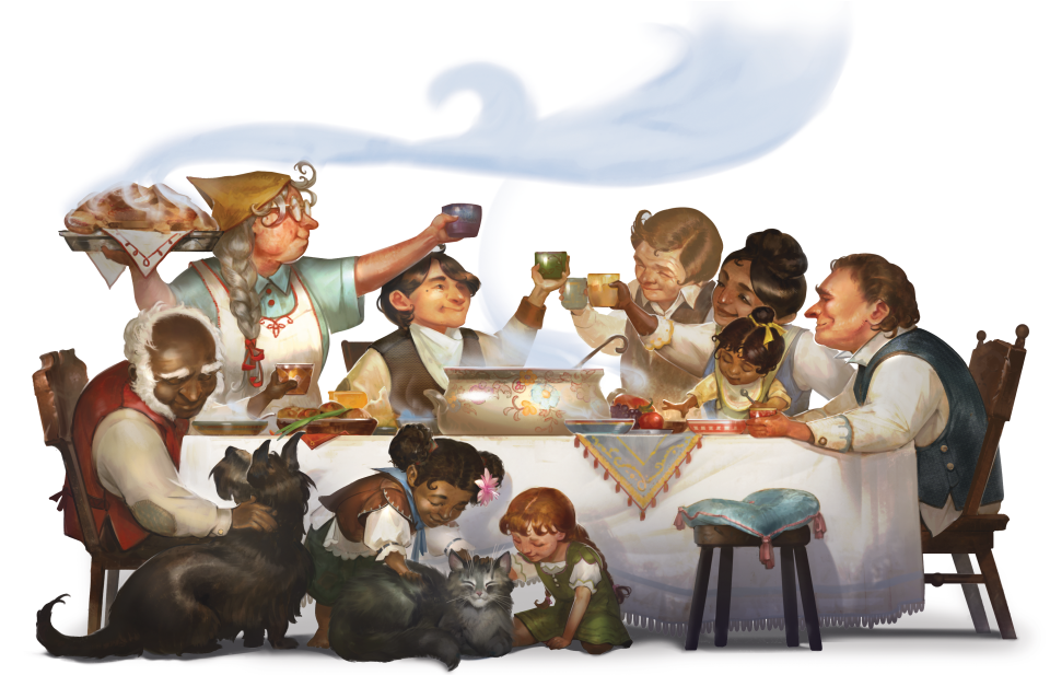 A group of halflings having dinner from the 2024 Dungeons & Dragons Player's Handbook.