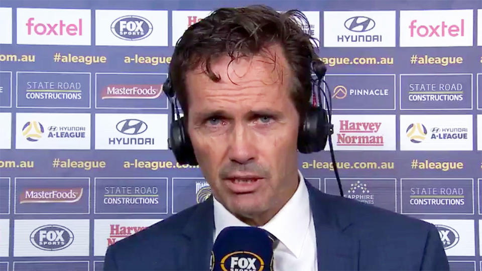 Mulvey’s interview was drowned out by Wellington’s victory song. Pic: Fox Sports