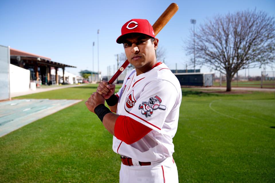 Cincinnati Reds infielder Donovan Solano, pictured, Friday, March 18, 2022, at the baseball team's spring training facility in Goodyear, Ariz.