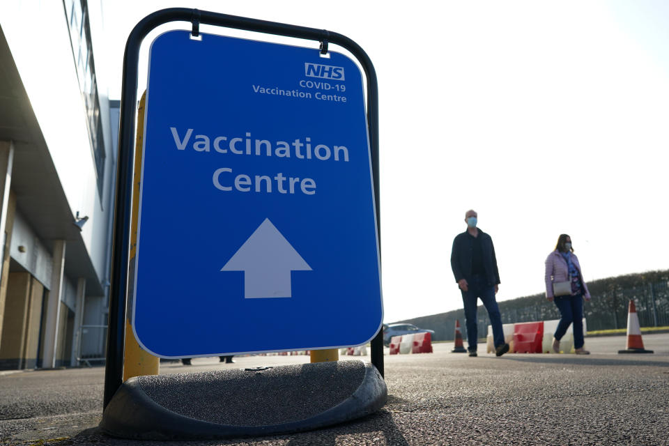 DARLINGTON, ENGLAND - MARCH 01: A couple leave after being vaccinated with the AstraZeneca/Oxford University Covid-19 vaccine at the Darlington Arena Vaccination Centre on March 01, 2021 in Darlington, England. The vaccination centre in Darlington is the fourth large Vaccination Centre for the north east region and joins the three Large Vaccination Centres at Newcastle’s Centre for Life, the NHS Nightingale Hospital North East, Sunderland and the Arnison Centre, Durham. These large centres support existing local GP led vaccination services. The Darlington Arena Vaccination Centre will be run by clinical staff, people who have been trained to become vaccinators, administrative staff and a range of volunteers who make sure the service operates as smoothly and safely as possible. As of yesterday, more than 20 million people in the United Kingdom have had at least one dose of a covid-19 vaccine, with nearly 800,000 having two doses. (Photo by Ian Forsyth/Getty Images)