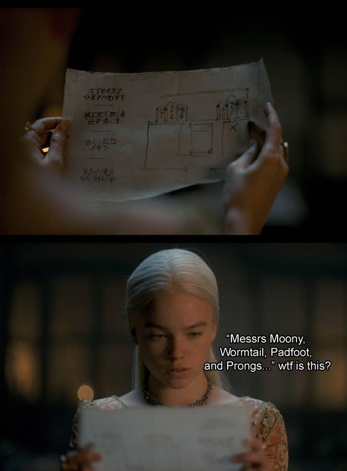 Rhaenyra looking at a map with caption, "Messrs Moony, Wormtail, Padfoot, and Prings"