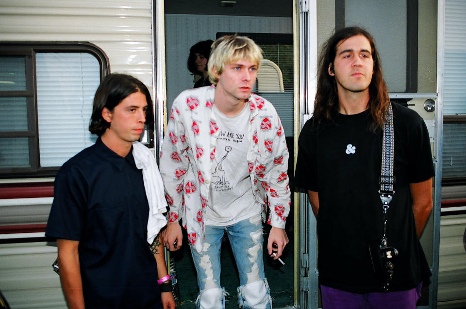 Nirvana's Dave Grohl, Kurt Cobain, and Krist Novoselic at the 1992 MTV Video Music Awards. (Photo: Jeff Kravitz/FilmMagic)