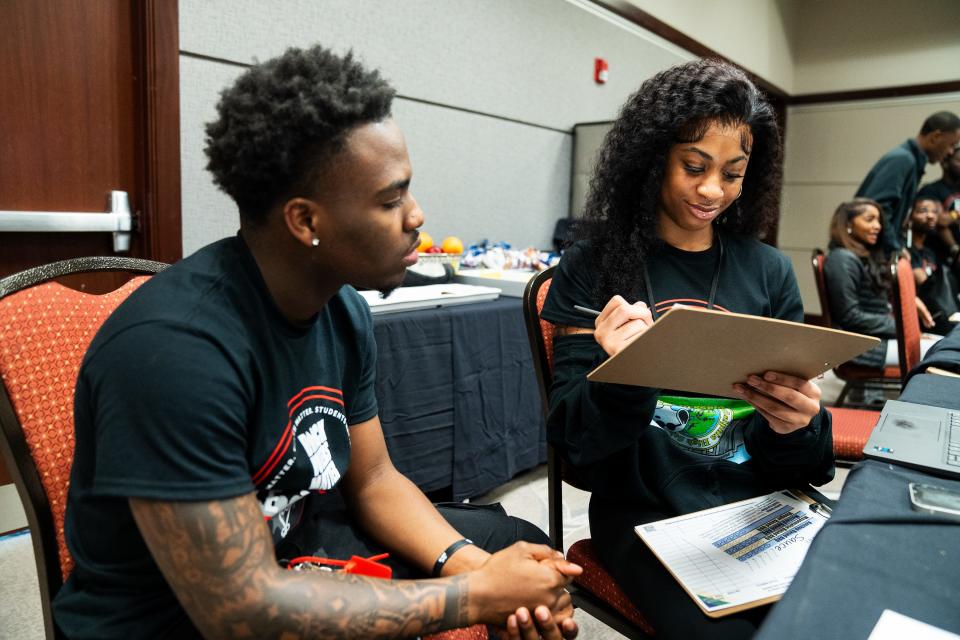 Noah Waters, left, and Brooklyn Jones practiced canvassing techniques during an instructional session for Black college students organized by Black Voters Matter in North Charleston, South Carolina, in January.