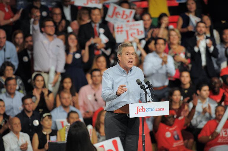 Former Republican Governor of Florida Jeb Bush announces his candidacy for the 2016 Presidential elections, at Miami Dade College on June 15, 2015, in Miami, Florida