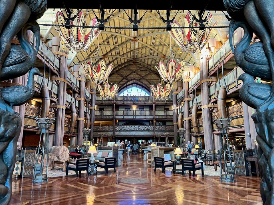 Sunlight streams into the massive lobby of Disney's Animal Kingdom Lodge.