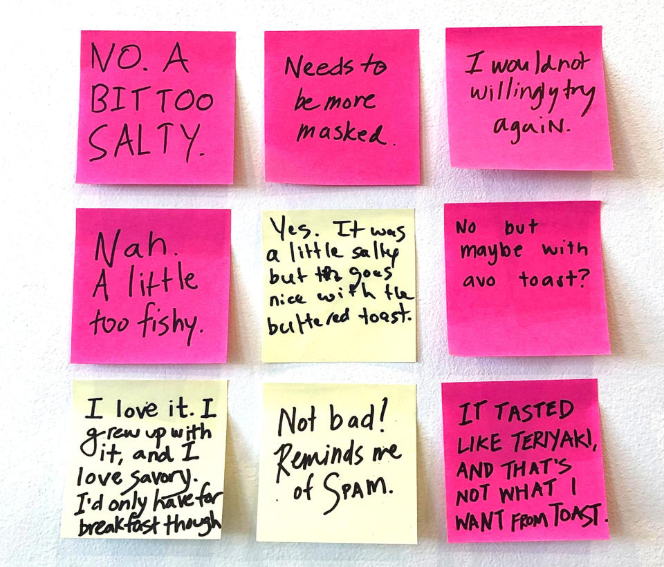 post-it notes of people's opinion on the marmite-butter toast