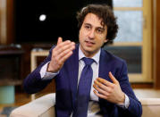 Dutch Green Party (Groen Links) leader Jesse Klaver speaks to Reuters during an interview about the 2017 Dutch election in the Hague, Netherlands, March 8, 2017. Picture taken March 8, 2017. REUTERS/Michael Kooren