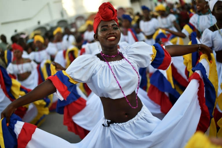 A dance group perform during of 2017 National Carnival Parade on February 26, 2017, in the city of Les Cayes, southwest Haiti
