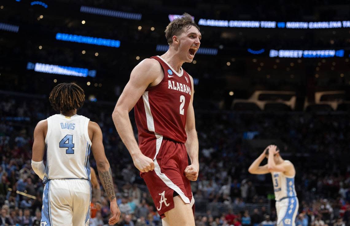 Alabama’s Grant Nelson (2) reacts after sinking a basket to take a 86-85 lead over North Carolina with 38.6 second to play, securing their victory in the NCAA Sweet Sixteen on Thursday, March 28, 2024 at Crypto.com Arena in Los Angeles, CA.