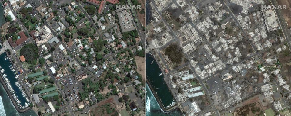 This combination of pictures shows an overview of Banyan court in Lahaina, Hawaii. The photo on the left was taken June 25, 2023, before wildfires caused widespread damage in the area. The photo on the right was taken Aug. 9, 2023, after fires had passed through.