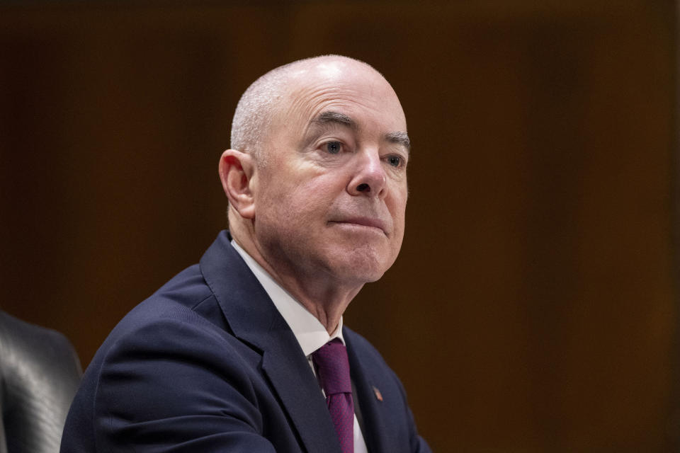 FILE - Homeland Security Secretary Alejandro Mayorkas testifies on Capitol Hill, Nov. 8, 2023, in Washington. (AP Photo/Alex Brandon, File)