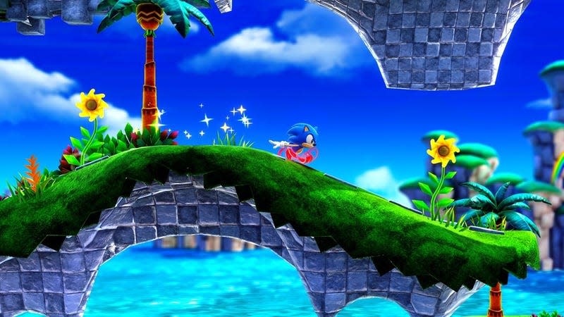 Sonic speeds over a grassy hill in Sonic Superstars.