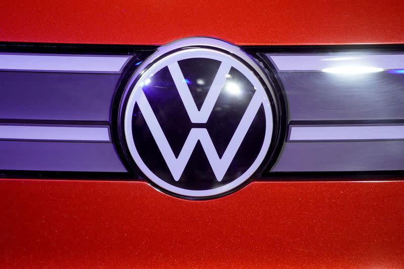 FILE PHOTO: FILE PHOTO: A Volkswagen logo is seen at a construction completion event of SAIC Volkswagen MEB electric vehicle plant in Shanghai