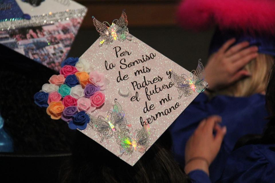 One of the caps decorated for the Senior Awards Assembly on Wednesday, May 15, 2024, at Perry Performing Arts Center.