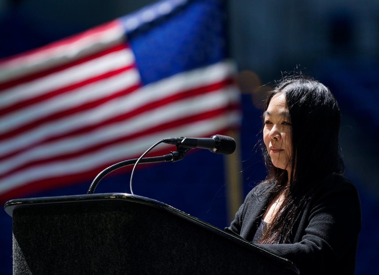 Erika Moritsugu, Asian American and Pacific Islander (AAPI) senior liaison, reads a statement from President Joe Biden to members of the Sikh community on May 1 at Lucas Oil Stadium in downtown Indianapolis.