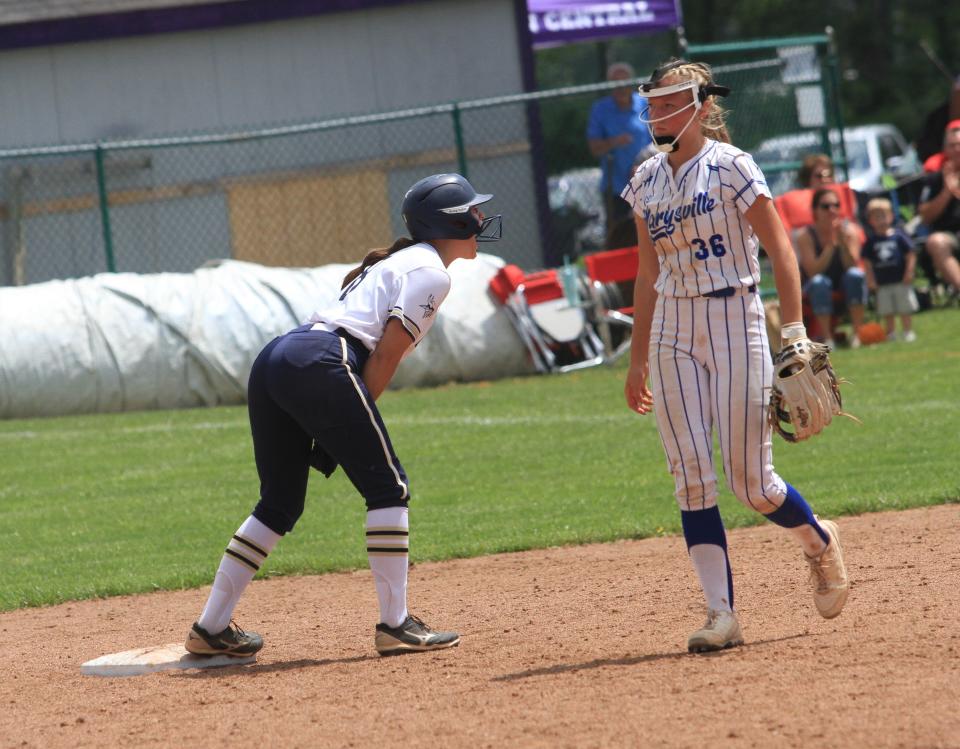 Teays Valley celebrates Alyvia Lawrentz's run-scoring double during the Vikings' 8-7, eight-inning victory against Marysville in a Division I district final Saturday at Pickerington Central.