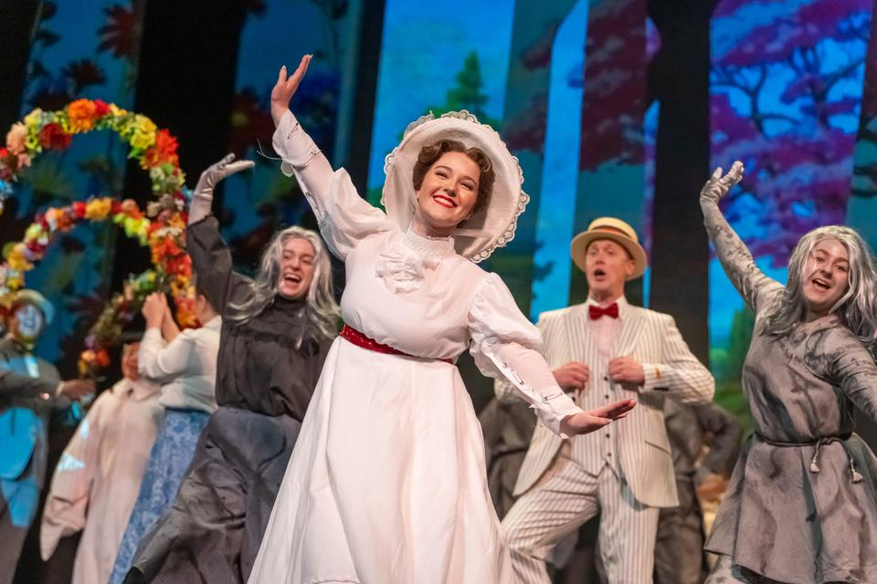 Amber Woollcott as Mary performs “Jolly Holiday” in a scene from “Mary Poppins” at the Croswell Opera House.