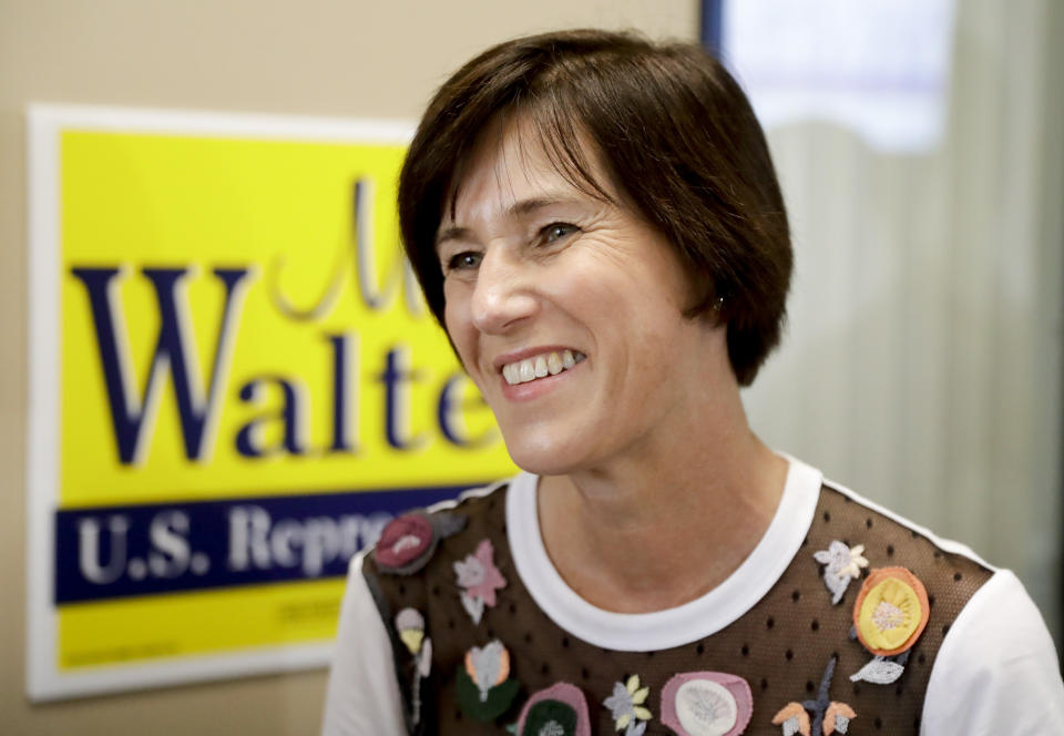 U.S. Rep. Mimi Walters, R-Calif., talks to supporters at her campaign office on Tuesday, Nov. 6, 2018, in Irvine, Calif. (AP Photo/Chris Carlson)