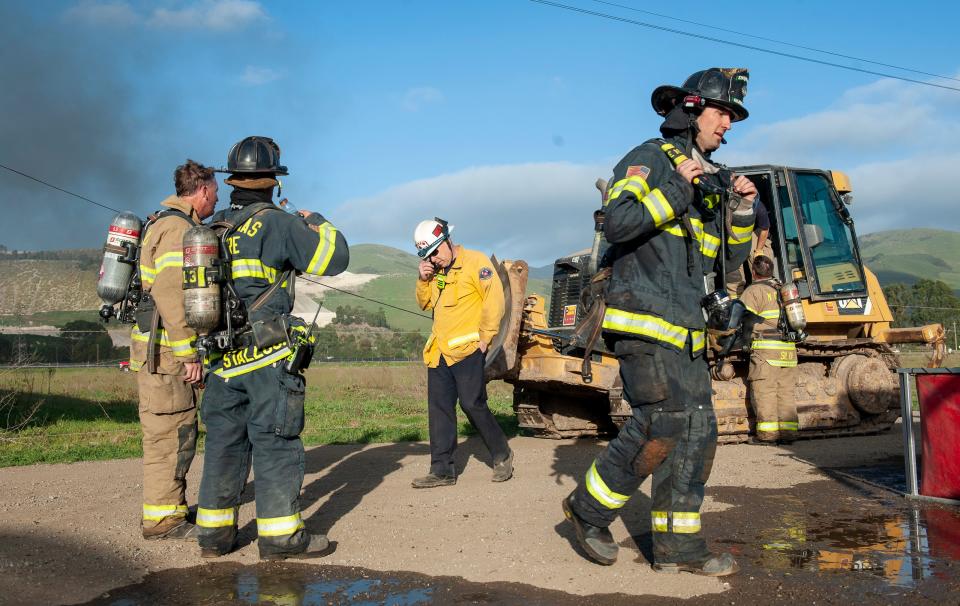 Michael Urquides, fire chief for the Monterey County Regional Fire District gives out orders to his fellow firefighters during the Natividad Fire on Feb. 29, 2020. 
