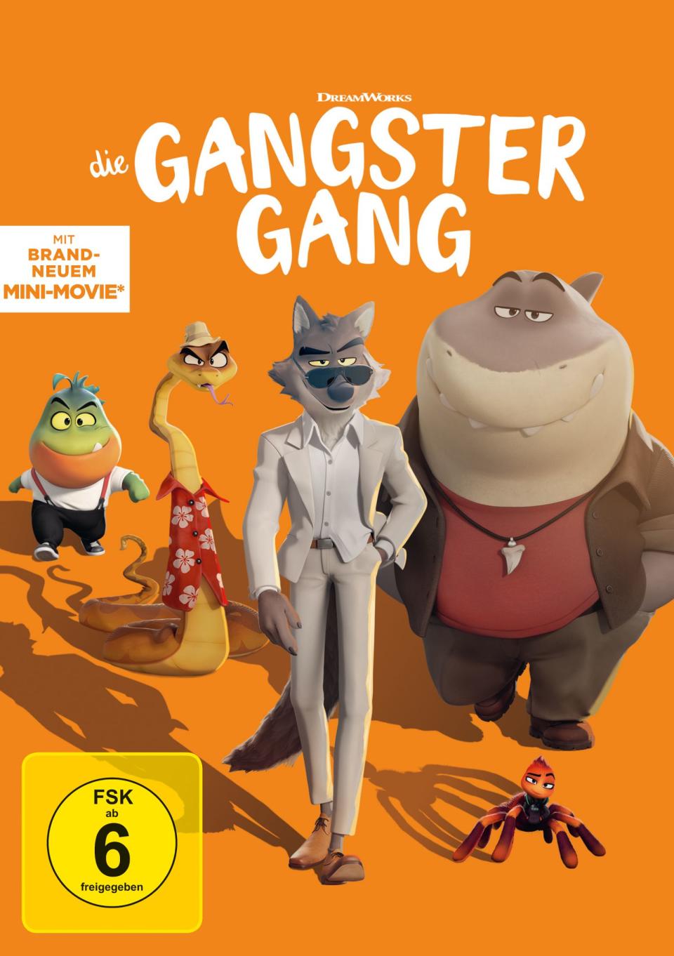 So sieht sie aus, die berüchtigste und gefährlichste Verbrecherbande überhaupt (von links): Mr. Piranha, Mr. Snake, Mr. Wolf, Mr. Shark und Ms. Tarantula sind "Die Gangster Gang". (Bild: Universal / 2022 DreamWorks Animation LLC.)