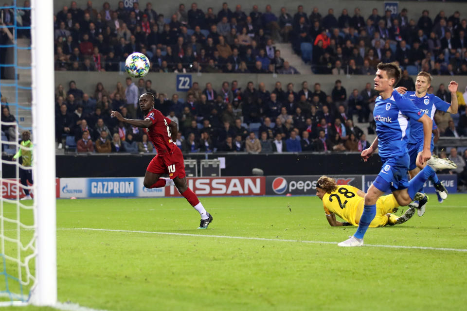 GENK, BELGIUM - OCTOBER 23: Sadio Mane of Liverpool scores their 3rd goal during the UEFA Champions League group E match between KRC Genk and Liverpool FC at Luminus Arena on October 23, 2019 in Genk, Belgium. (Photo by Marc Atkins/Getty Images)