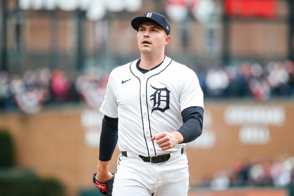 Detroit Tigers pitcher Tarik Skubal (29) walks off the field after throwing the first inning against Oakland Athletics of the home opening day at Comerica Park in Detroit on Friday, April 5, 2024.