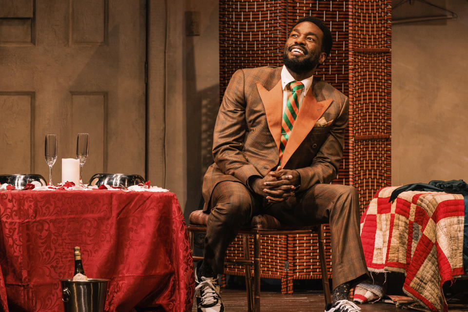 This image released by Polk & Co. shows Yahya Abdul-Mateen II during a performance of the play “Topdog/Underdog.” (Marc J. Franklin