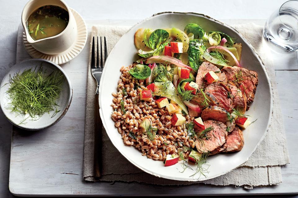 Pork-and-Farro Bowl with Warm Brussels Sprouts-Fennel Salad