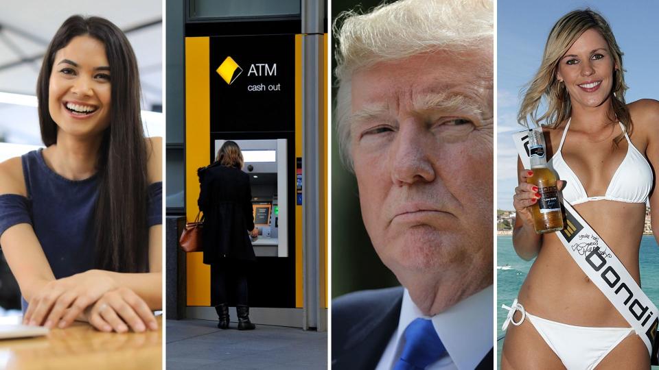 Canva's Melanie Perkins, Commonwealth Bank ATM, Donald Trump and bikini model with a beer in hand.